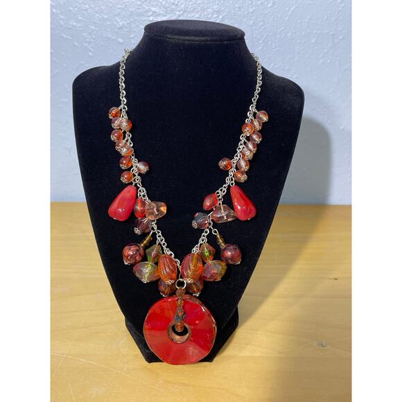 Red Copper Art Glass Beaded Pendant Necklace & Dangle Earring Set - Picture 5 of 8